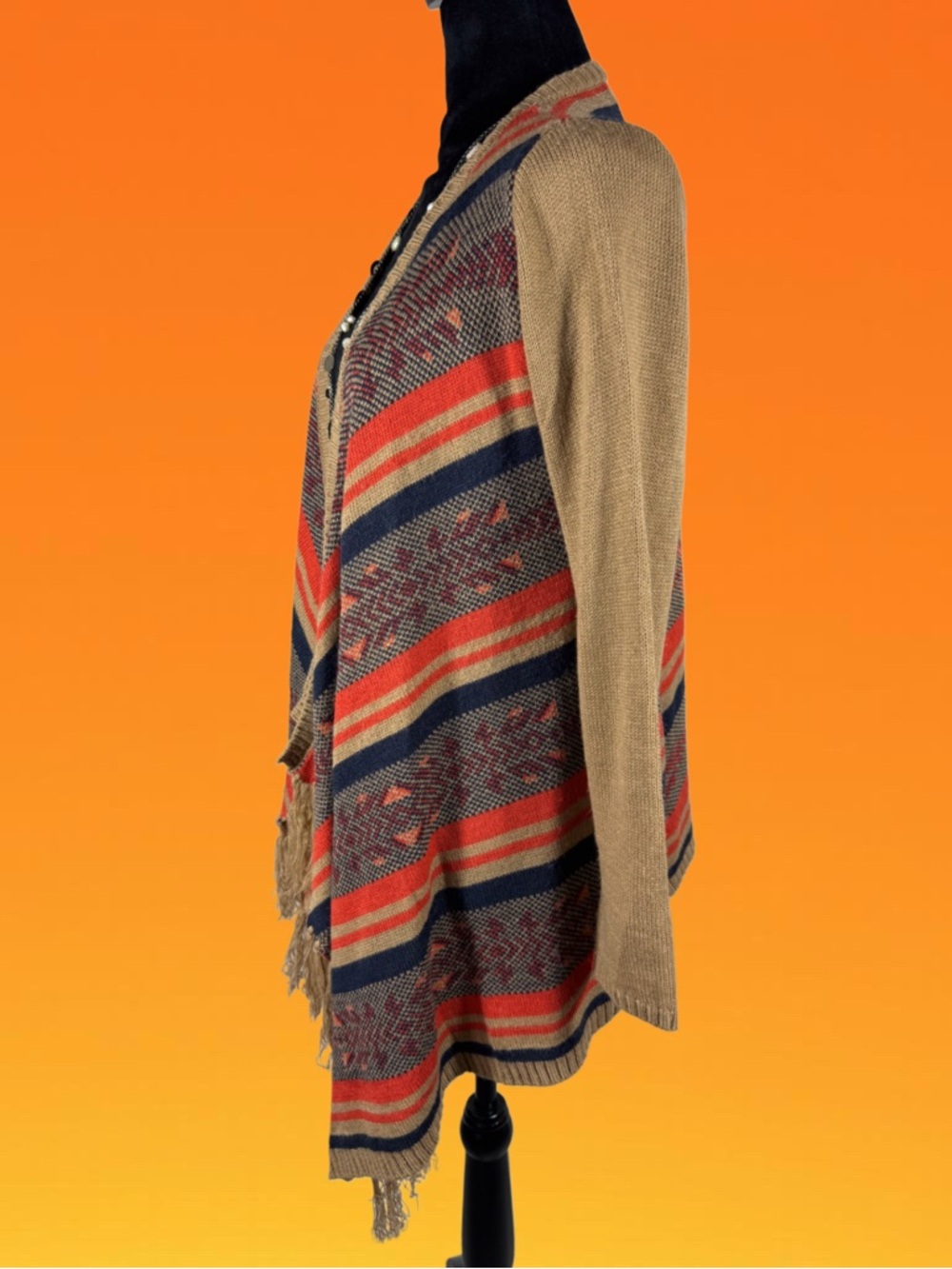 Anthropologie Flying Tomato Brown/Orange Lagenlook Open Drape Cardigan Fringe S - Picture 4 of 14